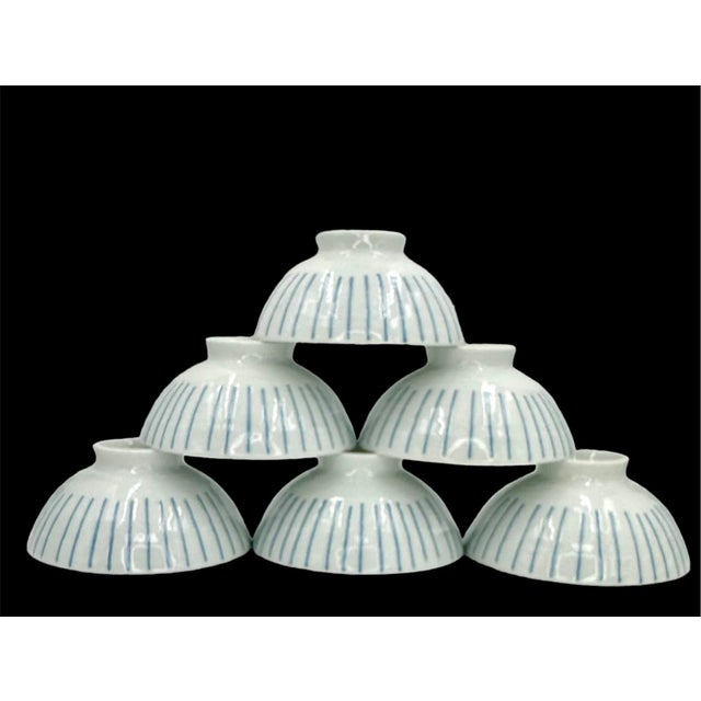 Mid Century Japanese Rice Bowls Blue and White Lines Set of Six Soup ...