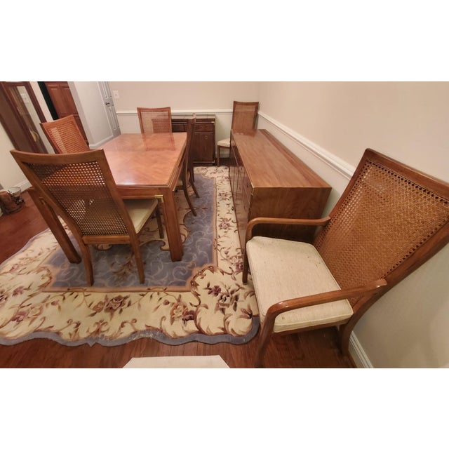 Vintage Drexel Burl Wood Dining Set with Matching Buffets and Original Documentation An exceptional vintage Drexel dining...