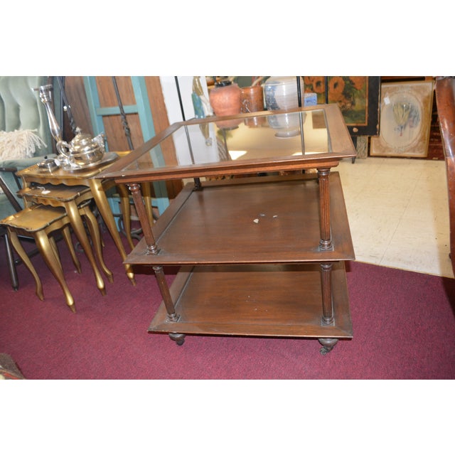 1960s Barbara Baker Style 3 Tier Square Wood & Glass Top Table W/ Columns & on Castors For Sale - Image 4 of 18