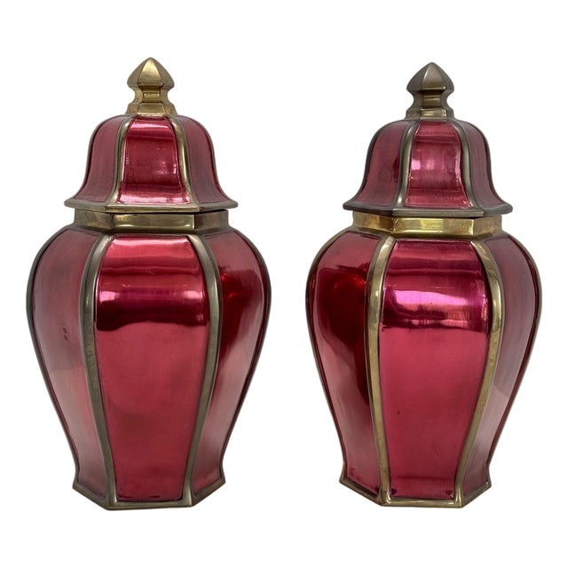 Vintage Rosenthal-Netter Brass and Enamel Ginger Jars–a Pair For Sale