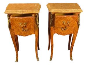 French Louis XV Marble Top Marquetry Night Stands -a Pair