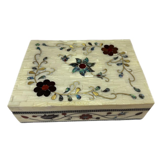 Handmade Mother of Pearl Jewelry Box Floral Inlay Wood Case For Sale