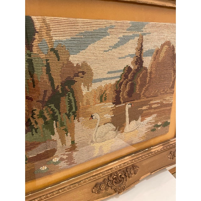 English Vintage 1940s Hand-Stitched Swan Landscape Needlepoint in Ornate Gilt Frame For Sale - Image 3 of 8