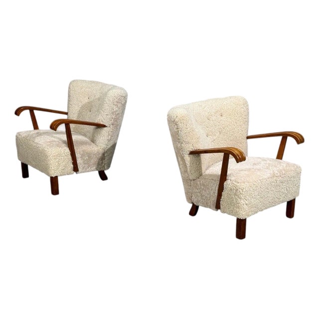 Danish Cabinetmaker, Lounge Chairs, Shearling, Beech, 1940s For Sale