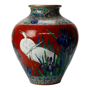 Antique Japanese Meiji Aesthetic Figural & Floral Pottery Vase With Heron C1900