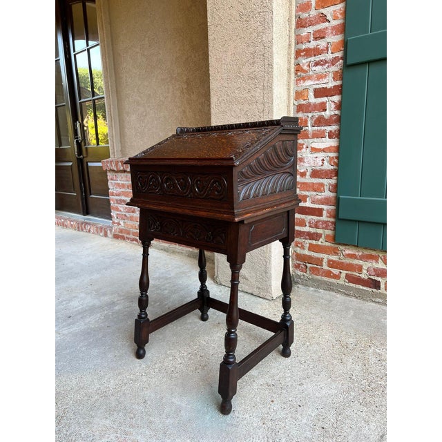 Antique English Slant Front Desk Display Stand Jacobean Carved Tiger Oak Lectern For Sale - Image 10 of 18