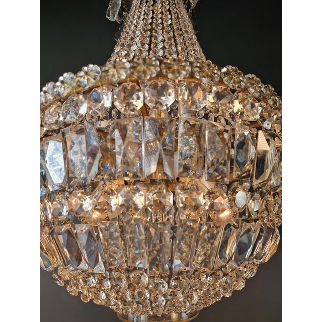 Metal Antique French Empire Crystal Basket Chandelier Brass and Cut Crystal Closed For Sale - Image 7 of 9