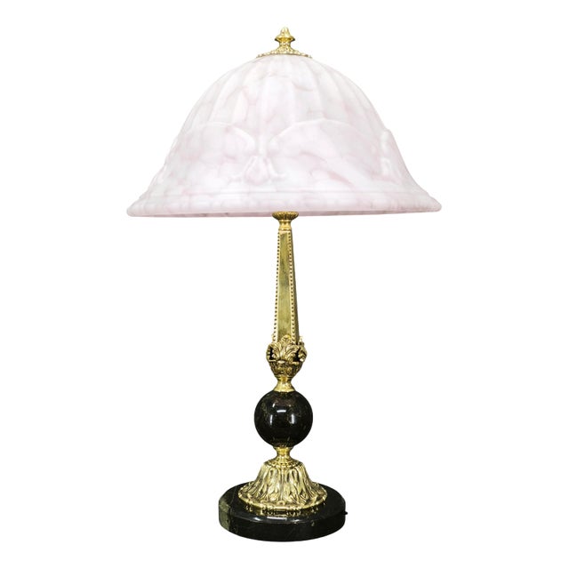 Art Nouveau French Brass, Marble and Opaline Glass Table Lamp, 1920s For Sale