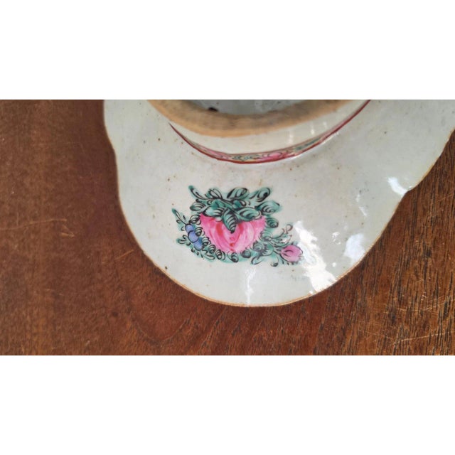 Vintage Chinese Rose Medallion Compote, Hand Painted Famille Rose Porcelain Pedestal Dish, Floral Butterfly Decorative Bowl For Sale - Image 10 of 13