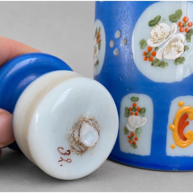 Late 19th-Century Cobalt Blue Opaline Glass Perfume Bottle With Hand-Enameled Florals For Sale - Image 4 of 9