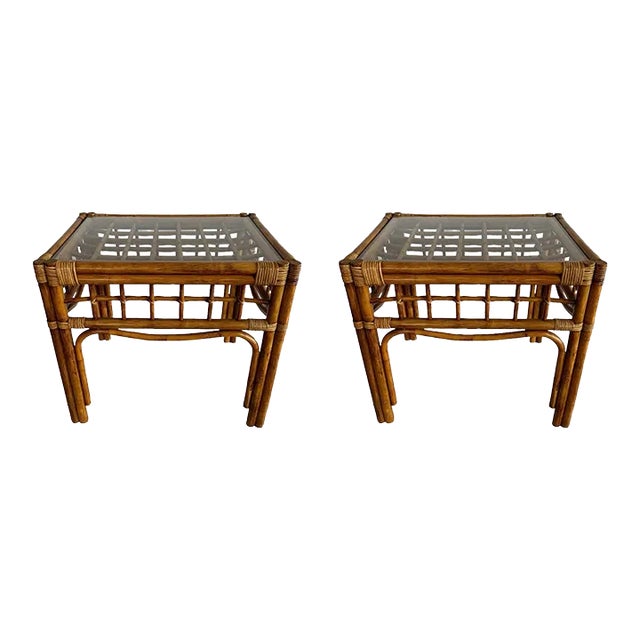 Mid 20th Century Pair of Vintage Rattan and Bentwood Glass Top Side Tables - in the Style of Franco Albini For Sale