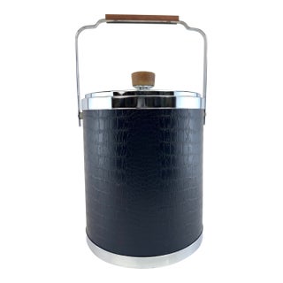 1960s Mid-Century Modern Kromex Black Faux Alligator, Chrome & Wood Ice Bucket For Sale