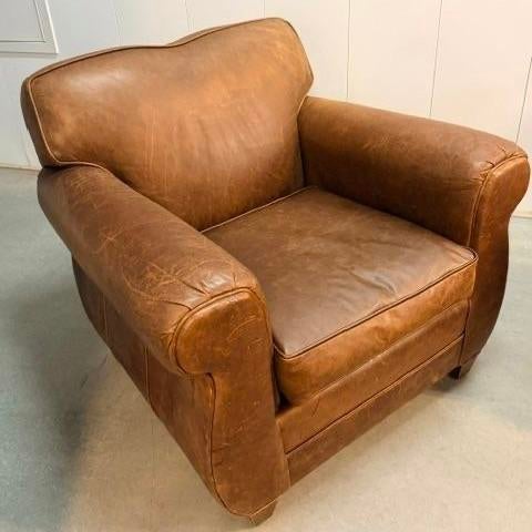 2020s Mitchell Gold for Restoration Hardware Leather Club Chair Pair With Ottoman For Sale - Image 5 of 12