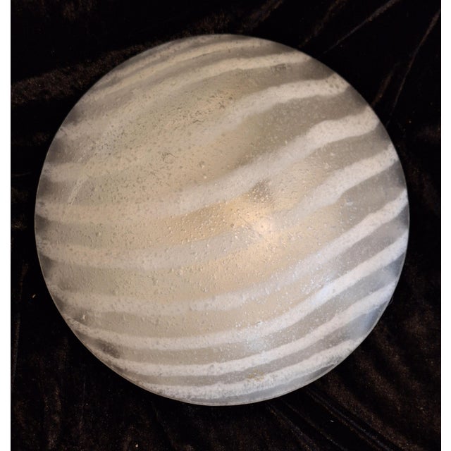 Vintage German Flat Ceiling Lamp with White Striped Frosted Glass Shade from Peill & Putzler, 2000s, in Very Good...