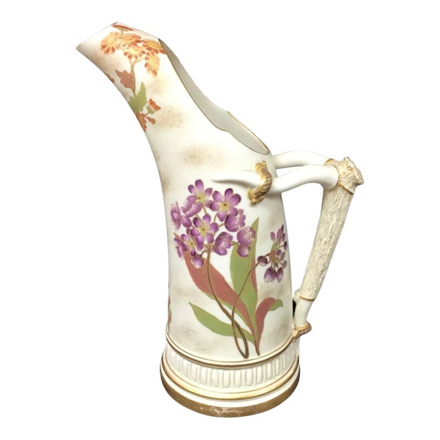 Royal Worcester Antique Porcelain Antler Handled Pitcher For Sale