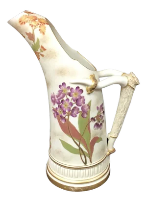 Royal Worcester Antique Porcelain Antler Handled Pitcher