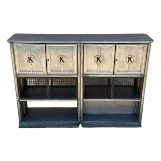 Antique Art Deco Steel Metal Dual Sided Dental Medical Cabinets Bar - A Pair For Sale