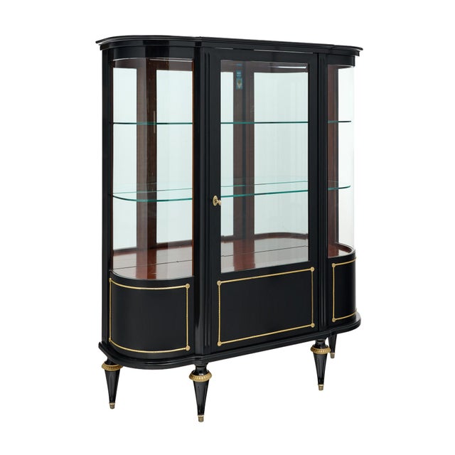 French Louis XVI Style Ebonized Curved Glass Vitrine Display Cabinet, Circa 1900 For Sale - Image 4 of 9