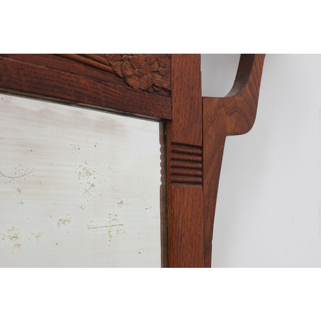 Art Nouveau Oak Coat Rack with Mirror and Floral Carvings, Belgium, 1910s For Sale - Image 10 of 12