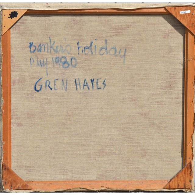 Modern "Banker's Holiday" Figurative Painting, Oil on Canvas, Signed, 29x29 by Patricia Gren Hayes For Sale - Image 3 of 3