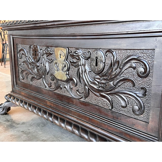 19th Century Spanish Carved Cassone Trunk with Original Hardware and Three Locks For Sale - Image 9 of 18