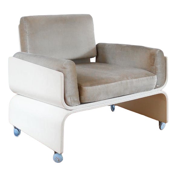 Space Age Bentwood and Velvet Lounge Chair on Castors, 1970s For Sale