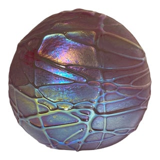 Obg Hand Blown Studio Aurene Relief Spider Web Iridescent Art Glass Paperweight For Sale