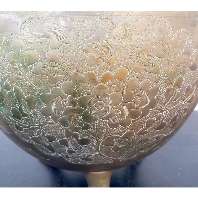 Brass 8" Vintage Hand-Chased Brass Cachepot Jardinere – Peony & Chrysanthemum Engravings For Sale - Image 8 of 15