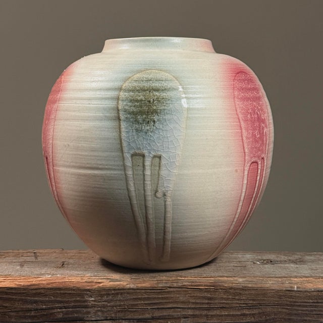 This vintage Japanese postmodern vase features layered green-blue and red glazes applied in a drip pattern reminiscent of...