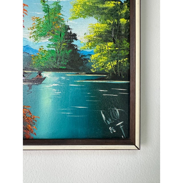 Sky Blue 1980's Vintage Haitian Lake Scene Canoeing Oil Paint on Canvas - Framed For Sale - Image 8 of 9