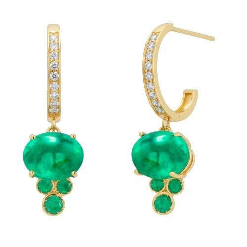 14k Yellow Gold Hoop Drop Earrings With Cabochon Emeralds & Diamonds, A Pair For Sale - Image 4 of 8