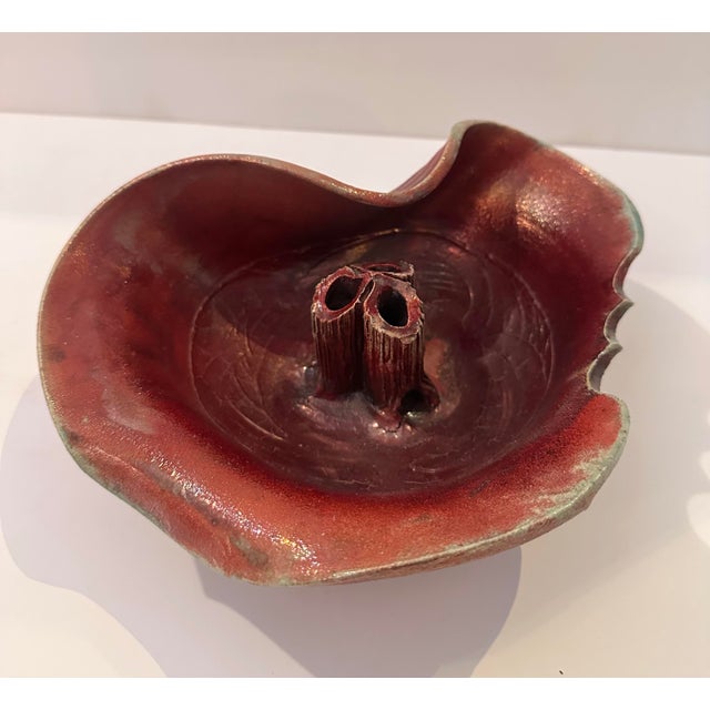 Signed Raku Ceramic Flower Arrangement Bowl With Frog-Style Center For Sale In Miami - Image 6 of 11
