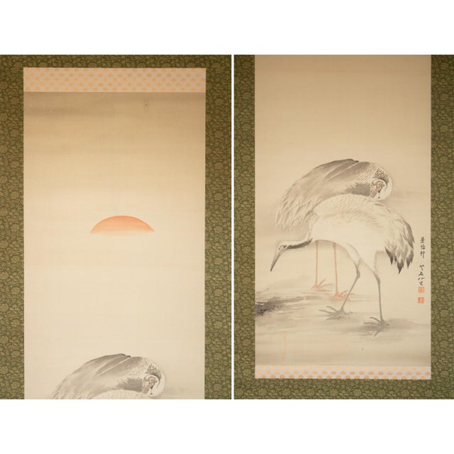 Japanese "Two Cranes and the Sun", Showa Era Japanese Monochrome Silk Scroll Painting For Sale - Image 3 of 18