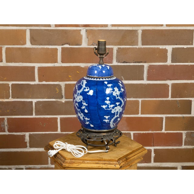 Vintage Cobalt Blue Prunus Blossom Jar, Circa 1900 Made into US Wired Table Lamp For Sale - Image 4 of 8