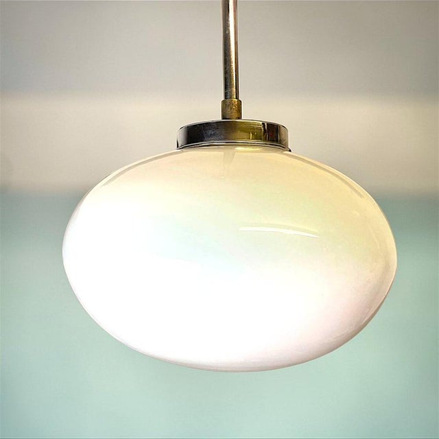 Metal Art Deco Portuguese Oval White Opaline Glass Hanging Lamp, 1950s For Sale - Image 7 of 12