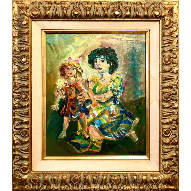 Walter Spitzer, Polish French Jewish Artist Oil Painting Girl with Doll, School of Paris Judaica, 1967 For Sale