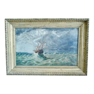 “Tossed at Sea,” 19th Century Oil on Canvas in a Period Gilt Frame