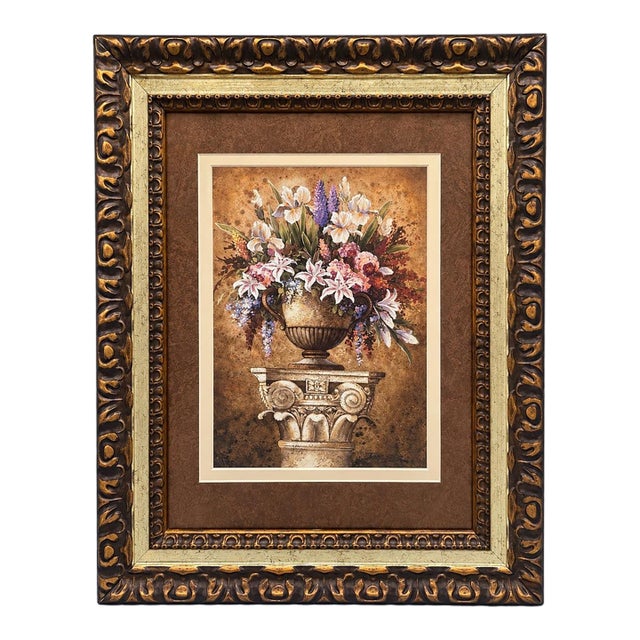 Late 20th Century Framed Floral Still Life Reproduction Print in Ornate Bronze and Gold Frame For Sale