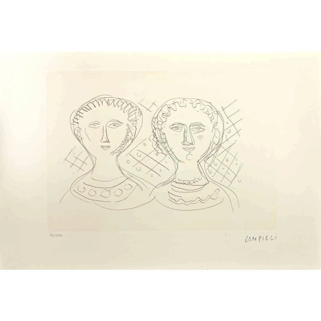 Two faces of Women is a print realized by Massimo Campigli in 1965. Etching on paper. The artwork is signed on plate on...