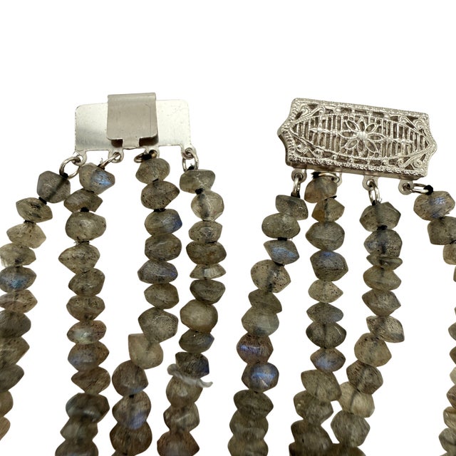 1960s Vintage 14k Gold Four‑Strand Labradorite Necklace With Blue Topaz Drop For Sale - Image 5 of 5