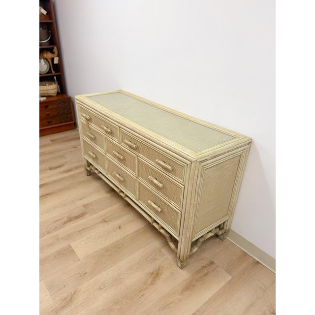 Ficks Reed Mid 20th Century Coastal Ficks Reed Style Faux Bamboo Woven Nine Drawer Dresser, Wicker For Sale - Image 4 of 13