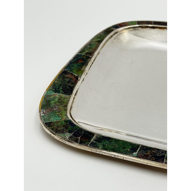Mid 20th Century Los Castillo Taxco Azurite & Lapis Inlaid Silver Plated Tray, Mexican Modernist For Sale - Image 10 of 18