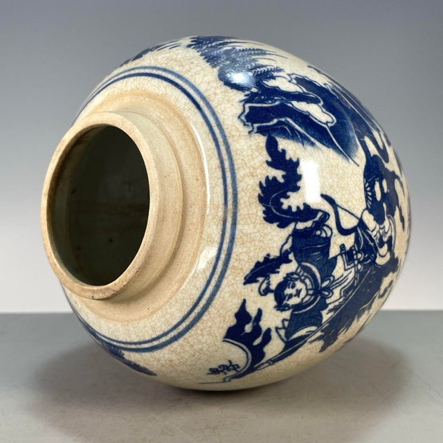 Chinoiserie Blue‑and‑White Crackle‑Glaze Lidded Ginger Jar, Figure Story Motif Porcelain Storage Canister **** For Sale - Image 9 of 9