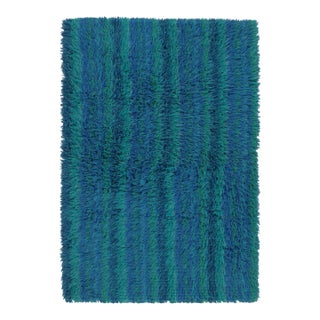Vintage Swedish Rya Rug in Blue and Teal Striped Pattern - Rug & Kilim For Sale