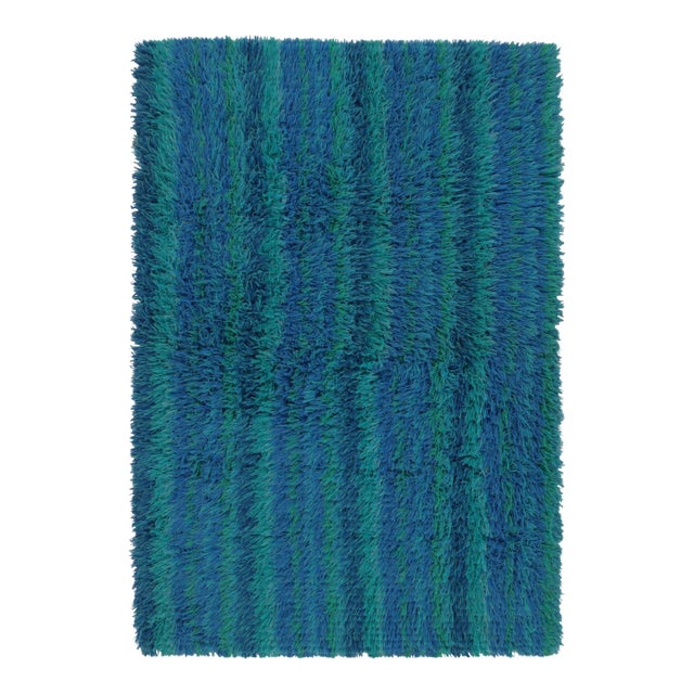 Vintage Swedish Rya Rug in Blue and Teal Striped Pattern - Rug & Kilim For Sale