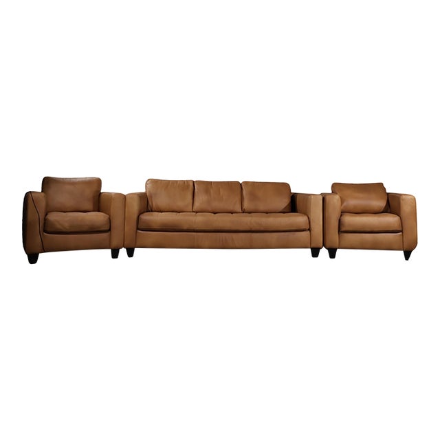 Loom Custom Leather Sofa & Armchair Set (3-Piece) – Sculptural Warm Brown Design For Sale