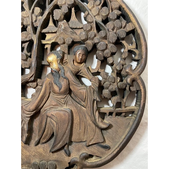 Antique Hand Carved Chinese Figural Circular Wood Wall Panel Figural Sculpture For Sale - Image 11 of 11