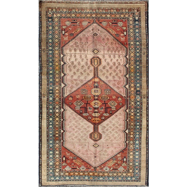 Antique Persian Serab Rug with Geometric Medallion Design in Tan and Pink Serab antique rung from Persia with geometric...