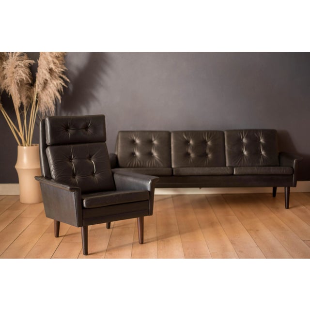 Vintage Scandinavian Rosewood and Black Leather Three Seat Sofa For Sale - Image 12 of 13