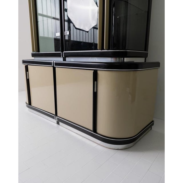 Vintage Art Deco Style Bar Cabinet in Lacquered Wood, Green Marble, Aluminium and Curved Smoked Glass, 1950s For Sale - Image 3 of 17